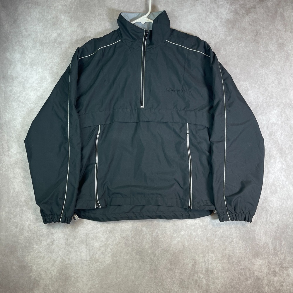 VINTAGE Champion Half Zip Windbreaker Jacket Mens Small Black Pullover Retro 90s